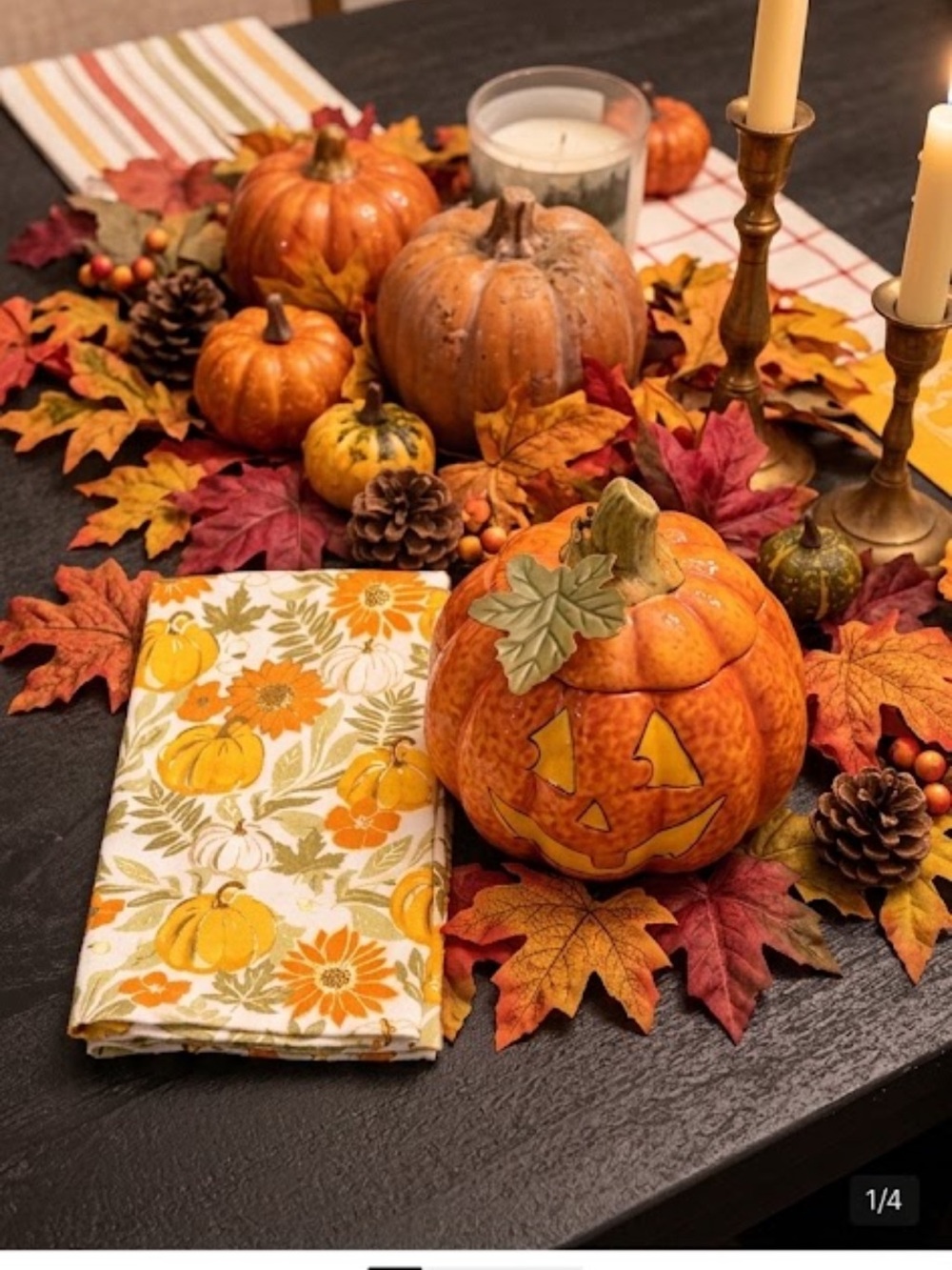 Festive Orange Ceramic Pumpkin Jar with Autumn Floral kitchen towel nwt